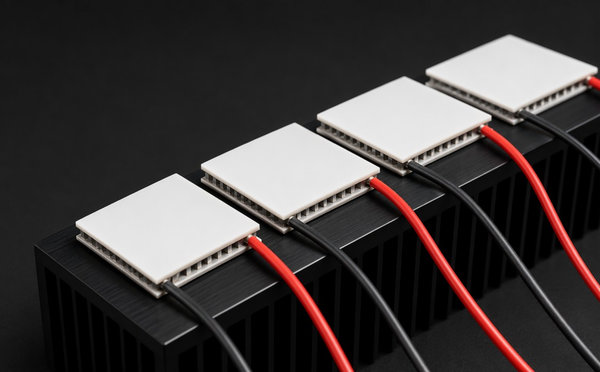 Square Peltier cooler modules with white ceramic plates mounted on a black heatsink