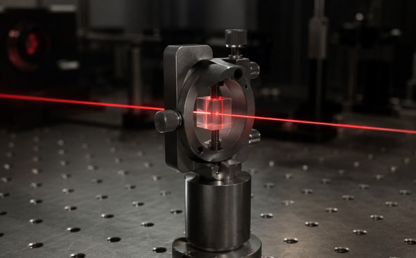 A zinc telluride crystal in an optical mount with a red laser beam passing through