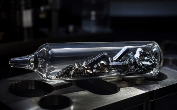 A sealed quartz ampoule holding metallic telluride crystals in a laboratory rack