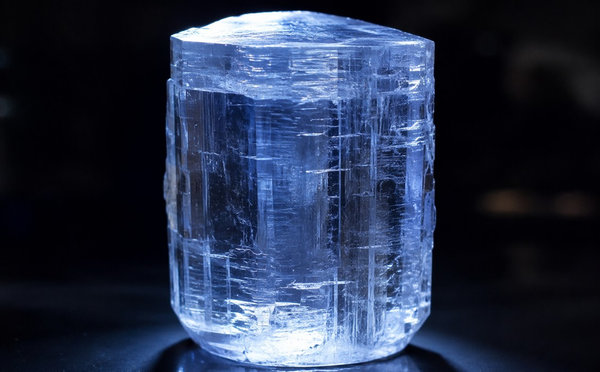 A large blue-tinted sapphire crystal boule standing on a dark surface