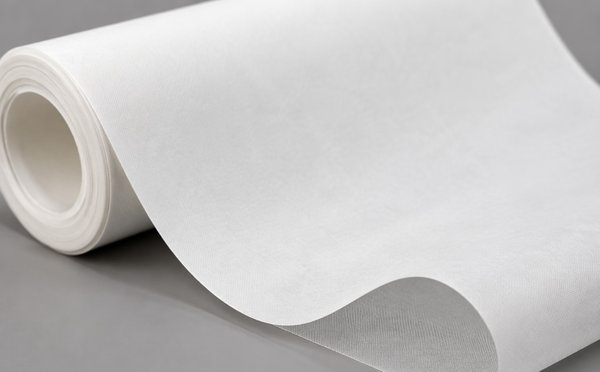 A roll of white ceramic-coated battery separator film partly unrolled