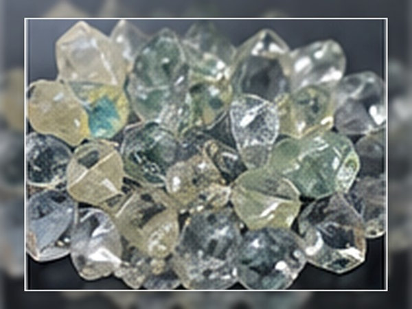 Angular translucent oxide crystals grouped against a dark technical background.