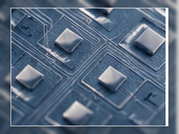 Microfabricated chip structures arranged on a blue-toned semiconductor surface.