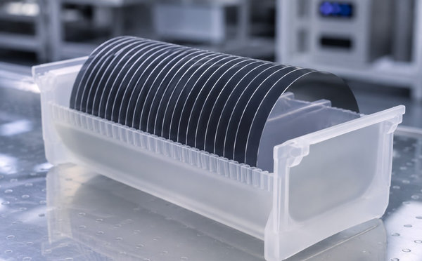 Rows of polished silicon wafers seated in a milky-white quartz boat inside a semiconductor cleanroom.