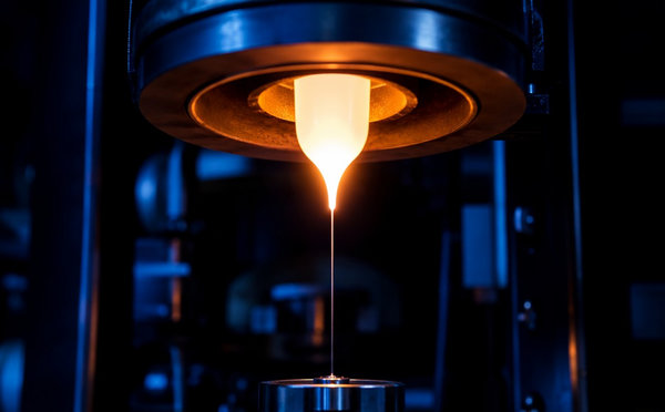 A glowing glass preform tip feeding a hair-thin optical fiber strand during drawing.