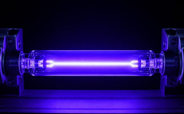 A quartz-envelope ultraviolet lamp glowing bright violet between its electrodes.