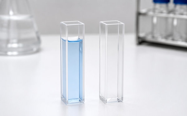 Two transparent quartz spectrophotometer cuvettes, one holding a pale blue liquid.