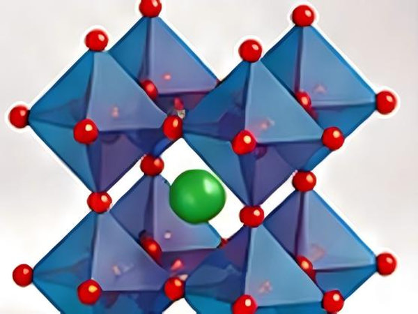 Three-dimensional ABO₃ perovskite lattice with connected metal-oxygen octahedra.