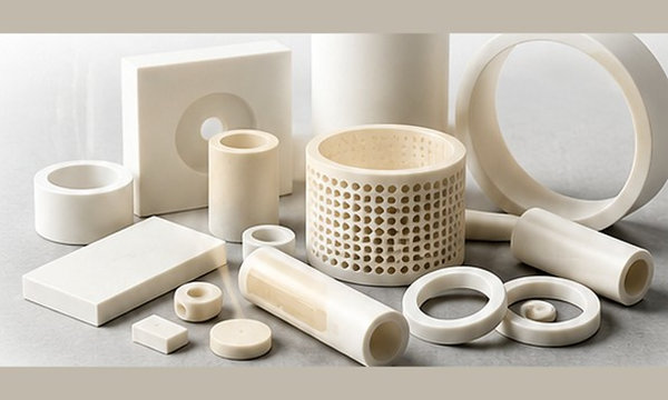 Assorted white technical ceramic parts arranged on a neutral studio surface.