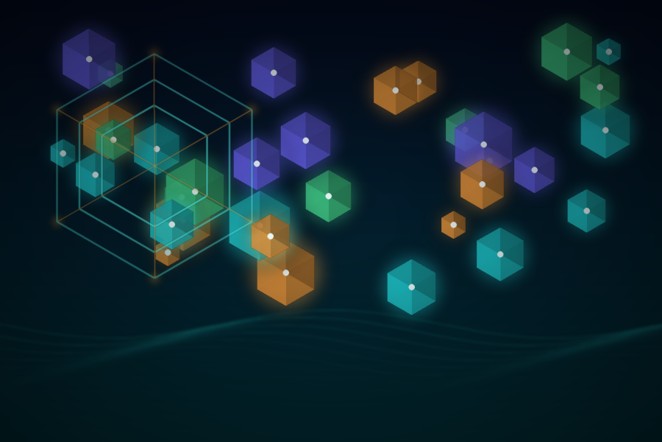 A dark nanoscale scene contains multicolored faceted nanocrystals surrounding a geometric lattice.