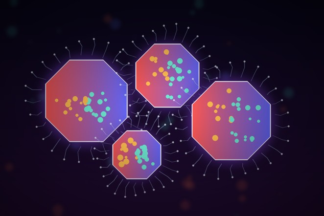 Four polygonal nanoparticles show mixed internal color domains with fine ligand chains extending from their surfaces.