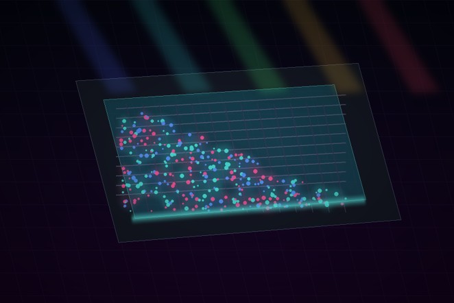 A layered detector chip carries a luminous quantum-dot film under five differently colored light beams.