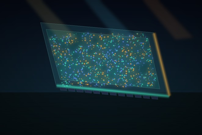 A transparent tilted panel contains dispersed luminous particles and bright energy-collecting edges.