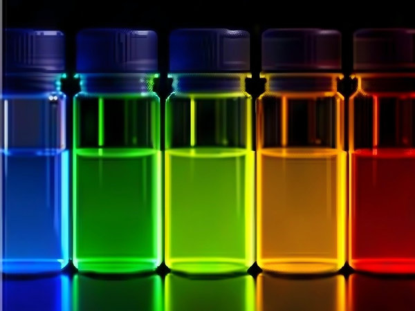 Five glowing quantum dot solution vials spanning blue, green, yellow, orange, and red.