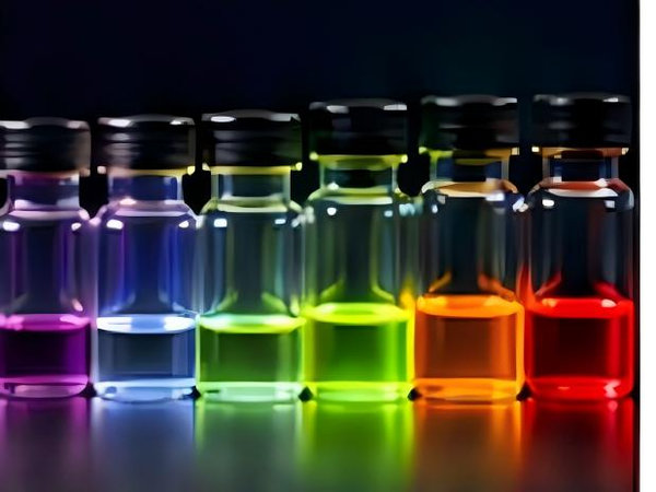 Row of illuminated nanocrystal dispersions showing a broad spectrum of emission colors.