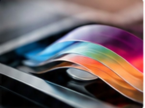 Layered flexible device films with vivid optical coatings on a dark substrate.