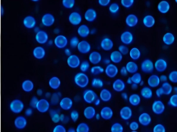 Blue luminescent nanodots are evenly distributed against a dark microscopic background.