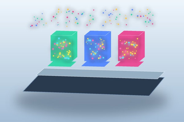 Three transparent patterned resist blocks contain dispersed fluorescent nanoparticles above a layered substrate.