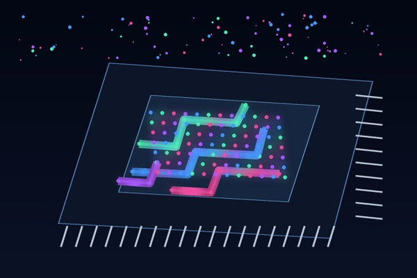 A dark photonic chip contains glowing routes and arrays of quantum-dot sensing points.