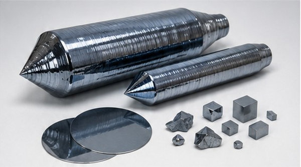 Reflective monocrystalline silicon boules displayed with round wafers and small cut samples.