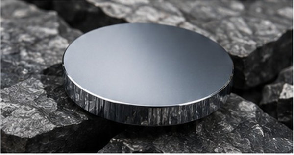 Circular mirror-finished single-crystal silicon disc resting on a dark crystalline surface.