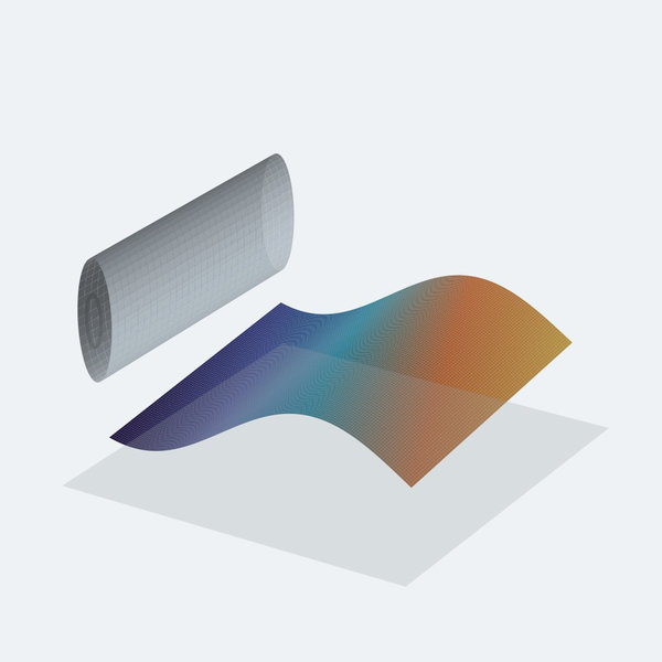 Iridescent flexible solar film curves across a clean surface beside a compact metal roll.