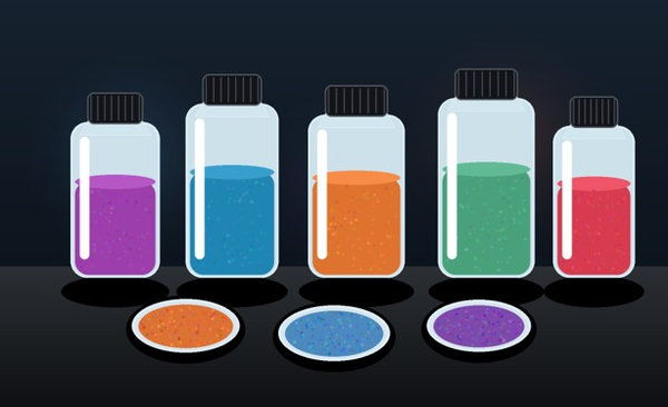 Five clear sample bottles and three dishes display differently colored OPV semiconductor solids and liquids.