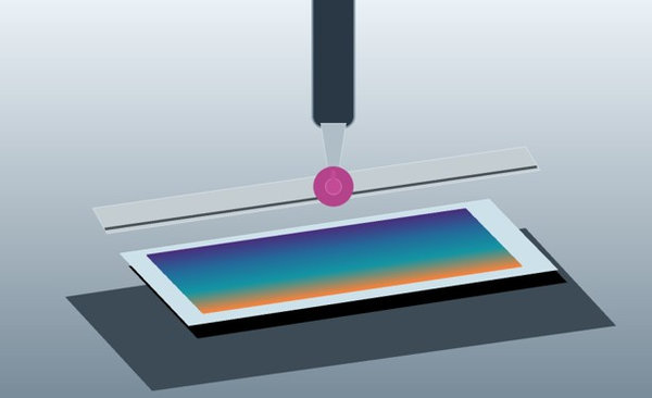 Precision dispensing and blade-coating equipment forms a smooth multicolored organic semiconductor film on glass.