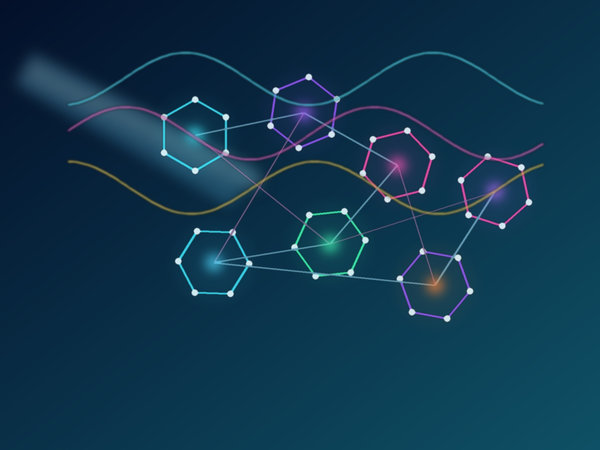 Glowing molecular network showing photons moving through a photosensitizer system.