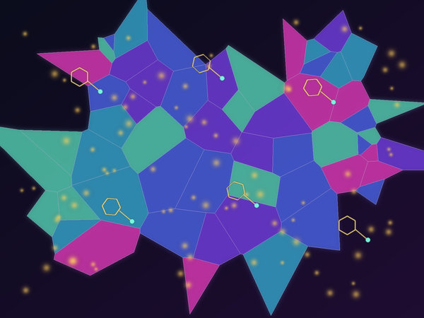 Crystalline thin-film grains surrounded by small passivating molecules at their boundaries.