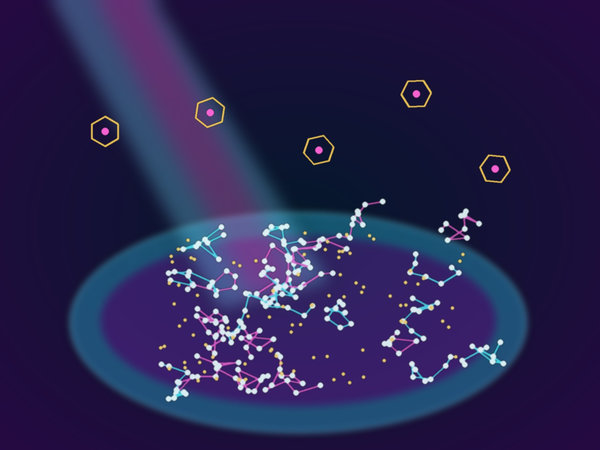 Light beam initiating crosslinking in a liquid resin represented by an expanding polymer network.