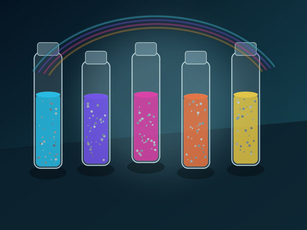 Colorful optical material samples with suspended particles and spectral illumination.