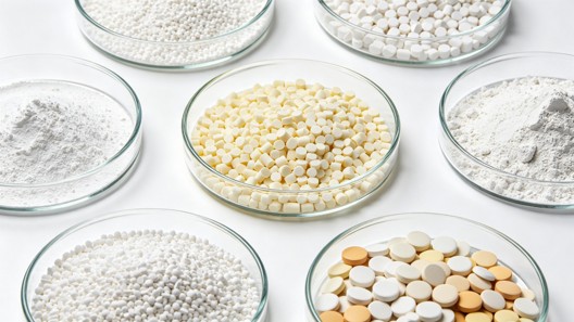 Various oxide evaporation material pellets, granules and powders arranged in glass petri dishes on white background