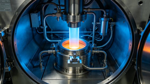 Interior of vacuum evaporation chamber with glowing electron beam source heating oxide material in crucible