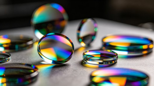 Multiple optical lenses with iridescent multilayer dielectric coatings showing rainbow interference colors
