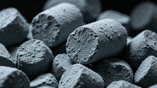 Close-up microscopic view of sintered oxide ceramic granule particles with rough porous surface texture