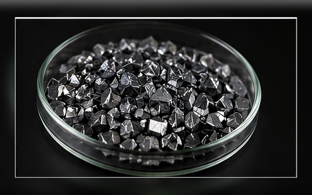 High-purity compound granules in a glass dish prepared as source material for vacuum thin-film deposition.