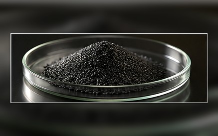 Fine dark compound particles in a shallow dish representing size-controlled feedstock for vacuum evaporation.