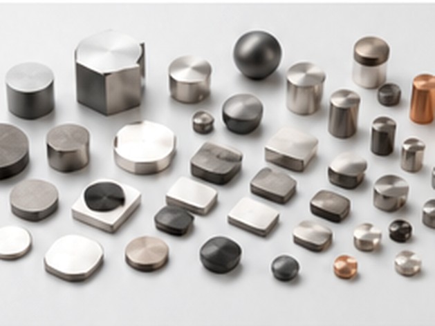 Assorted silver, copper and gold-toned metal feedstock shapes arranged on a clean white surface.