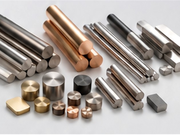 Polished metal rods, wires and compact pellets grouped by geometry for vacuum deposition use.