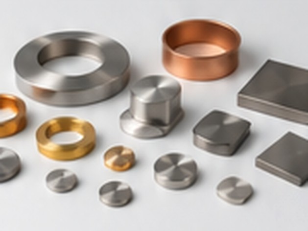 Machined metal rings, discs, slugs and rectangular pieces displayed as custom evaporation feedstock.