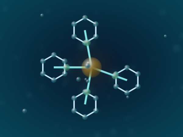 3D metal center surrounded by organic ligands in a coordinated molecular structure.
