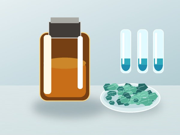Amber precursor container and purified crystalline material arranged in a clean laboratory scene.