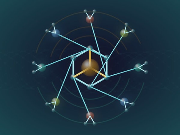 Abstract catalytic complex with radial ligand pathways and reaction-energy trails.