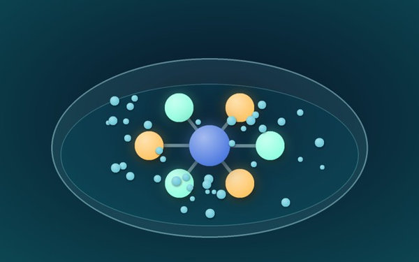 Molecular illustration of a metal ion coordinated by halide ligands and solvent species inside a liquid phase.