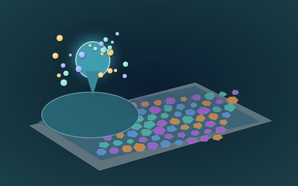 A precursor droplet spreads across a substrate as multicolored crystalline grains develop into a thin film.
