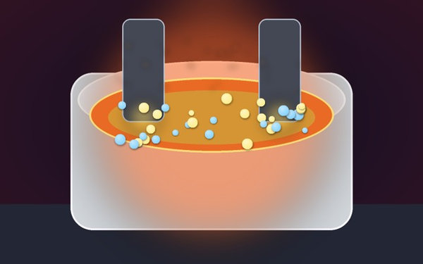 Glowing molten salt held in a ceramic vessel between two electrodes with mobile ions visible at the surface.