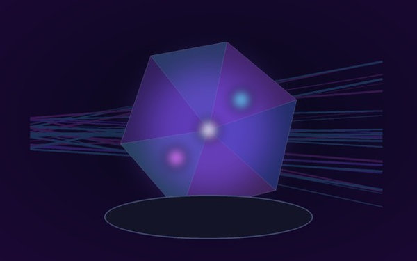 A faceted violet optical crystal emits blue and magenta light from several internal points.