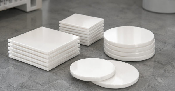 Polished white ceramic substrates and discs stacked on a gray laboratory bench