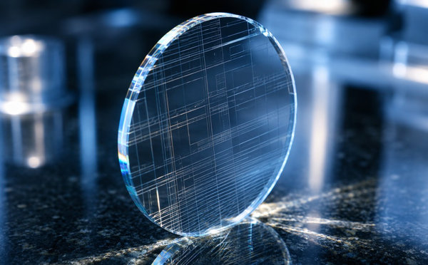 A clear gallium oxide wafer refracting light on a dark glossy surface